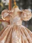 Bling Bling Gold Glitter Printing Pearl Birthday Flower Girl Dresses 2024 Ball Gown Scoop Neck Puffy Short Sleeve Backless Floor-Length / Long