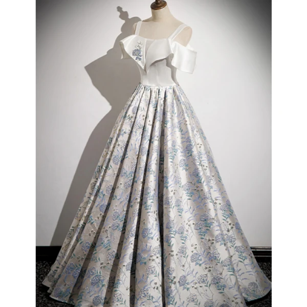 Elegant Ivory Printing Prom Dresses 2023 A-Line / Princess Spaghetti Straps Short Sleeve Backless Floor-Length / Long Prom Formal Dresses