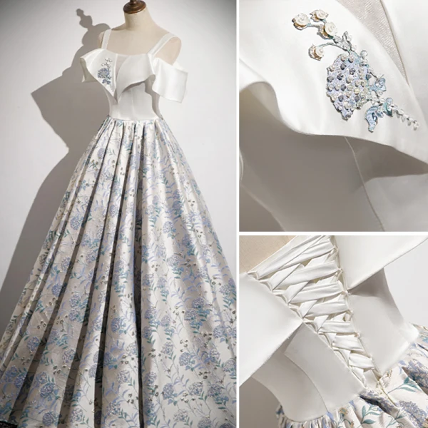 Elegant Ivory Printing Prom Dresses 2023 A-Line / Princess Spaghetti Straps Short Sleeve Backless Floor-Length / Long Prom Formal Dresses
