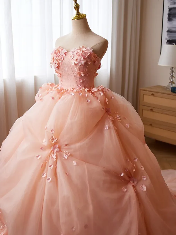 Flower Fairy Blushing Pink Pearl Appliques Prom Dresses 2024 Ball Gown Strapless Sleeveless Backless Court Train Prom Formal Dresses