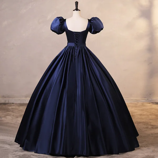 Elegant Burgundy Satin Prom Dresses 2023 Ball Gown Square Neckline Puffy Short Sleeve Backless Rhinestone Sash Floor-Length / Long Prom Formal Dresses