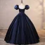 Elegant Burgundy Satin Prom Dresses 2023 Ball Gown Square Neckline Puffy Short Sleeve Backless Rhinestone Sash Floor-Length / Long Prom Formal Dresses