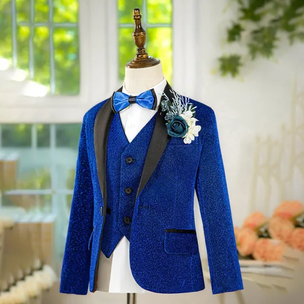 Royal Blue 6-piece Long Sleeve Boys Wedding Suits 2025 Body Jewellery Coat Pants Shirt Tie Vest Wedding