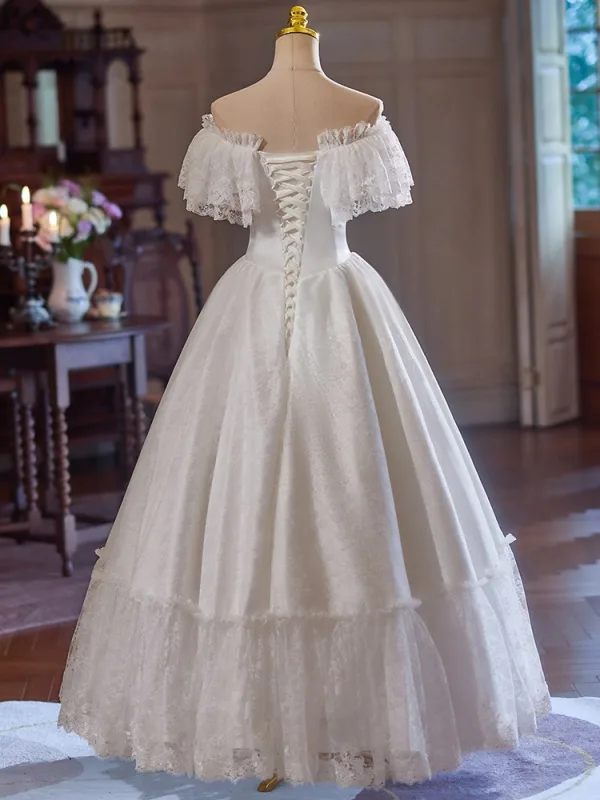 Vintage Weiß Spitze Blumen Satin Brautkleider / Hochzeitskleider 2024 A Linie Off Shoulder Kurze Ärmel Rückenfreies Lange Hochzeit