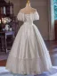 Vintage Weiß Spitze Blumen Satin Brautkleider / Hochzeitskleider 2024 A Linie Off Shoulder Kurze Ärmel Rückenfreies Lange Hochzeit