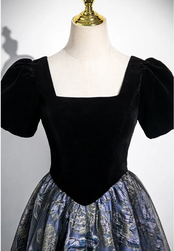 Vintage / Retro Black Printing Prom Dresses 2025 A-Line / Princess Square Neckline Puffy Short Sleeve Backless Floor-Length / Long Formal Dresses