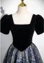 Vintage / Retro Black Printing Prom Dresses 2025 A-Line / Princess Square Neckline Puffy Short Sleeve Backless Floor-Length / Long Formal Dresses