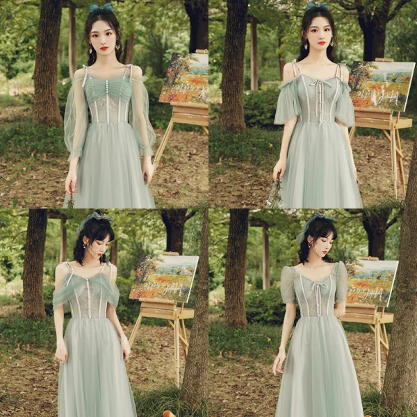 Modest / Simple Sage Green Lace Bridesmaid Dresses 2022 A-Line / Princess Short Sleeve Backless Floor-Length / Long Bridesmaid