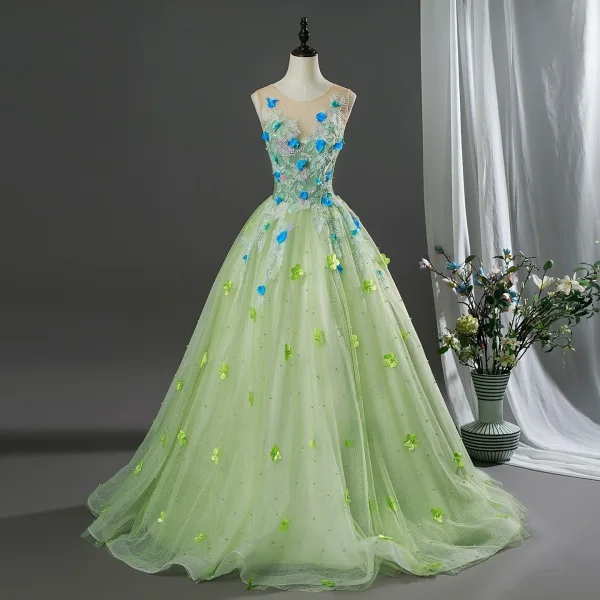 Fée Des Fleurs Vert Cendré Appliques Perlage Robe De Bal 2026 Robe Boule Encolure Dégagée Sans Manches Dos Nu Longue Robe De Ceremonie