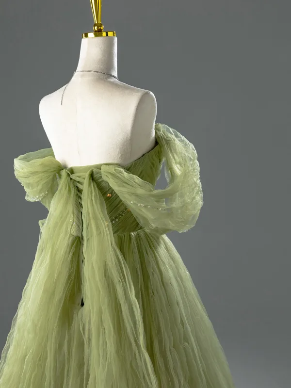 Chic / Beautiful Sage Green Beading Bow Prom Dresses 2026 A-Line / Princess Off-The-Shoulder Short Sleeve Backless Sweep Train Formal Dresses