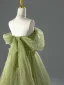 Chic / Beautiful Sage Green Beading Bow Prom Dresses 2026 A-Line / Princess Off-The-Shoulder Short Sleeve Backless Sweep Train Formal Dresses