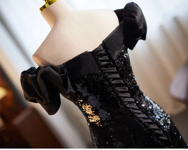 Sparkly Black Sequins Evening Dresses 2024 Trumpet / Mermaid Off-The-Shoulder Puffy Short Sleeve Backless Floor-Length / Long Evening Party Formal Dresses