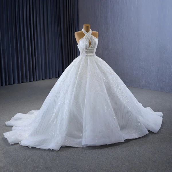 Luxury / Gorgeous White Handmade  Beading Pearl Sequins Wedding Dresses 2023 Ball Gown Halter Sleeveless Backless Floor-Length / Long Wedding