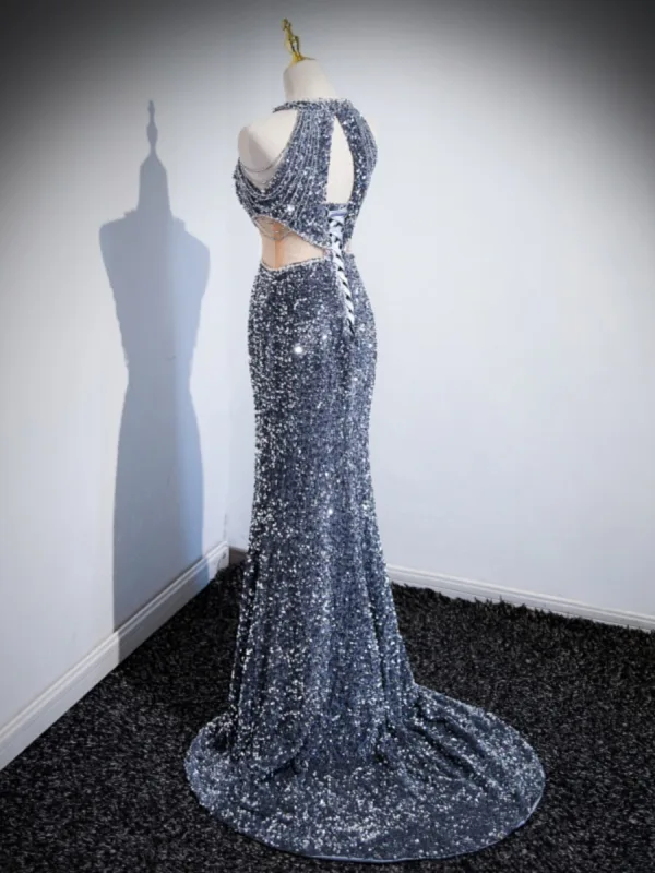 Glitzernden Meeresblau Perlenstickerei Pailletten Quaste Abendkleider 2023 Meerjungfrau Neckholder Ärmellos Rückenfreies Sweep / Pinsel Zug Abend Festliche Kleider