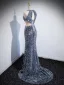 Glitzernden Meeresblau Perlenstickerei Pailletten Quaste Abendkleider 2023 Meerjungfrau Neckholder Ärmellos Rückenfreies Sweep / Pinsel Zug Abend Festliche Kleider