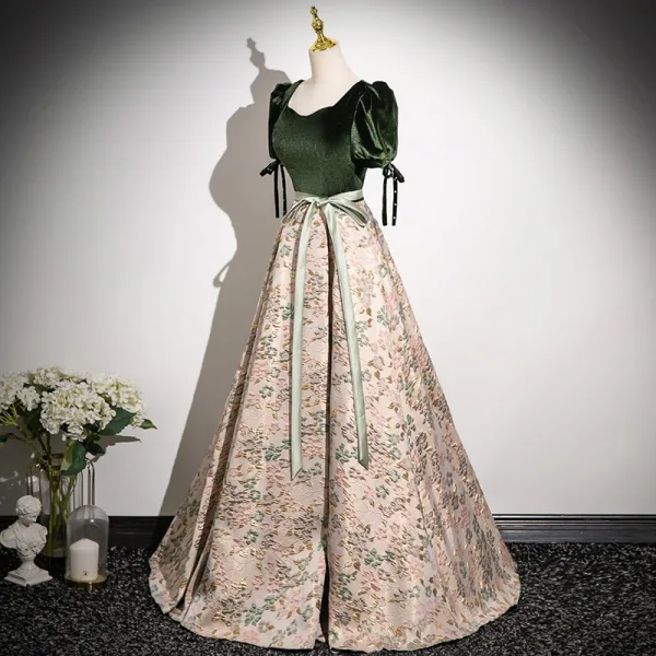 Elegant Sage Green Bow Sash Printing Prom Dresses 2025 A-Line / Princess Square Neckline Short Sleeve Backless Floor-Length / Long Formal Dresses