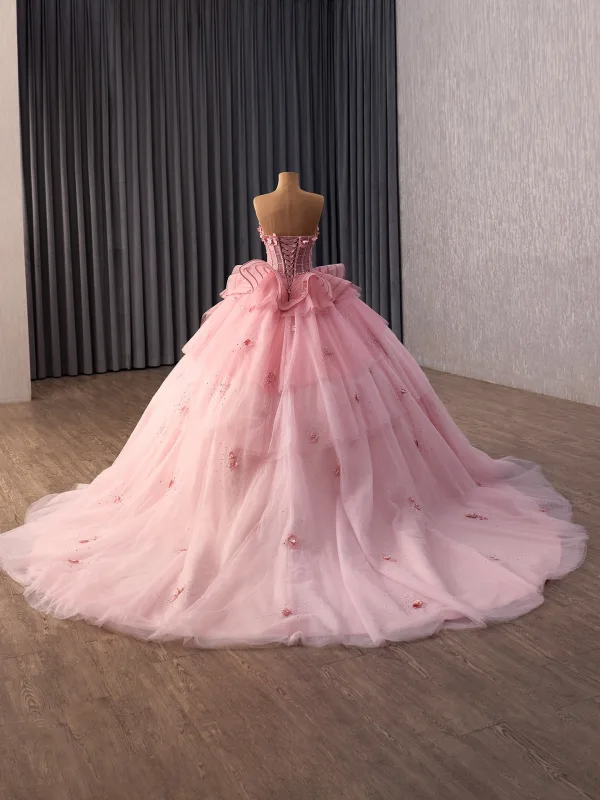 Luxury / Gorgeous Blushing Pink Handmade  Appliques Sequins Pearl Cascading Ruffles Prom Dresses 2026 Ball Gown Strapless Sleeveless Backless Chapel Train Prom Formal Dresses