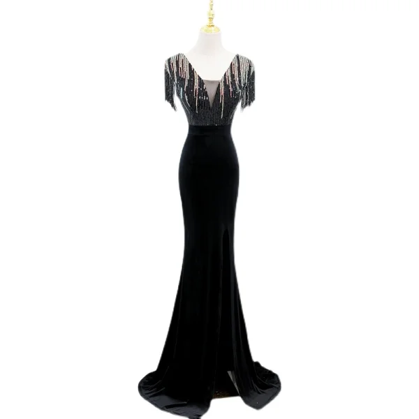 Sexy Noire Paillettes Robe De Soirée 2022 Trompette / Sirène V-Cou Sans Manches Perlage Gland Dos Nu Fendue devant Longue Robe De Ceremonie