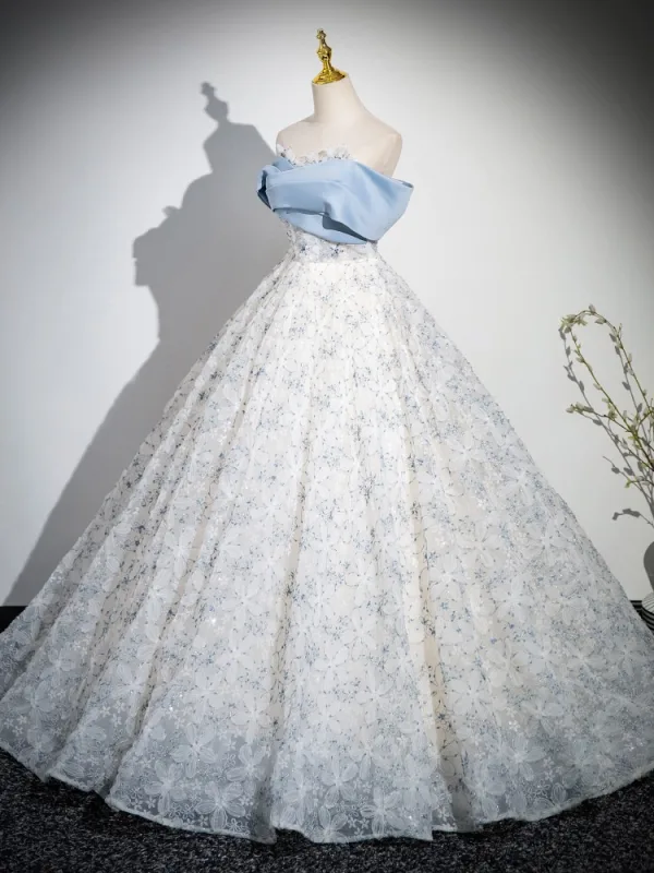 Chic / Beautiful Sky Blue Printing Prom Dresses 2024 Ball Gown Strapless Sleeveless Backless Floor-Length / Long Prom Formal Dresses
