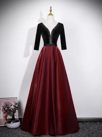Vintage Originale Bordeaux Robe De Bal 2026 Princesse V Cou 3 4 Manches Dos Nu Longue