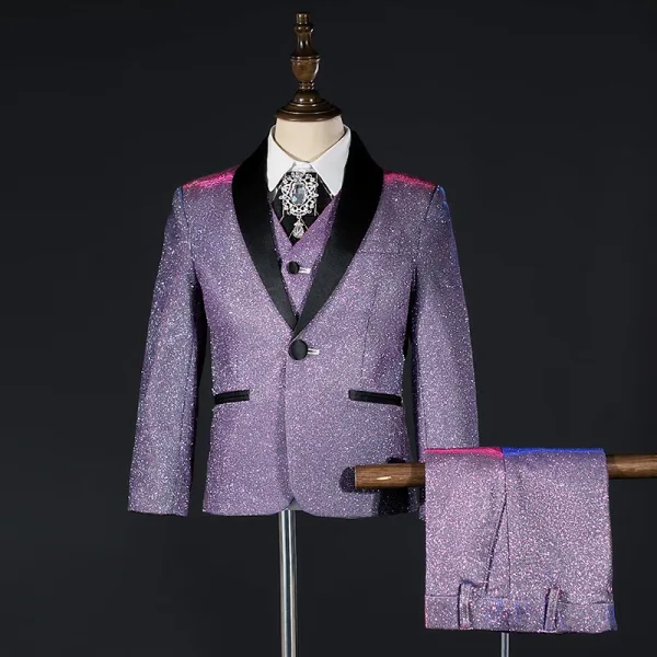Fashion Bling Bling Purple 5-piece Glitter Rhinestone Long Sleeve Boys Wedding Suits 2025