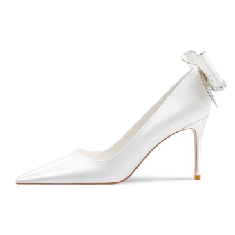 Mode Ivoire Satin Faux Diamant Noeud Chaussure De Mariée 2023 Cuir 8 Cm Talons Aiguilles À Bout Pointu Mariage Escarpins Talons Hauts