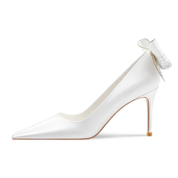 Mode Elfenben Satin Rhinestone Rosett Brudskor 2023 Läder 8 Cm Stilettklackar Spetsiga Bröllop Pumps Högklackade