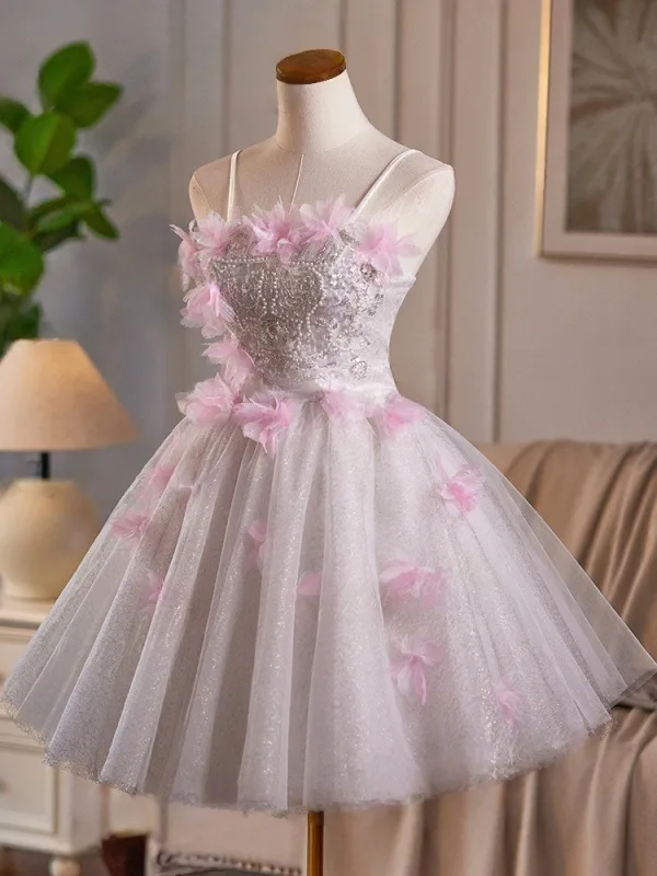 Charmant Rougissant Rose Perle Paillettes Appliques de retour Courte Robe De Graduation 2025 Princesse Bretelles Spaghetti Sans Manches Dos Nu Tulle