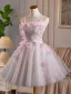 Charmant Rougissant Rose Perle Paillettes Appliques de retour Courte Robe De Graduation 2025 Princesse Bretelles Spaghetti Sans Manches Dos Nu Tulle