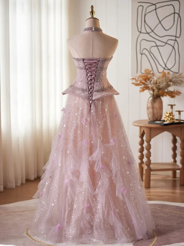 Luxury / Gorgeous Sparkly Blushing Pink Beading Rhinestone Sequins Prom Dresses 2026 A-Line / Princess Strapless Sleeveless Backless Floor-Length / Long Formal Dresses
