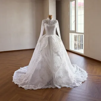 Luxe Blanche Fait Main Perlage Perle En Dentelle Fleur Paillettes Robe De Mariée 2026 Robe Boule Col Haut Manches Longues Chapel Train