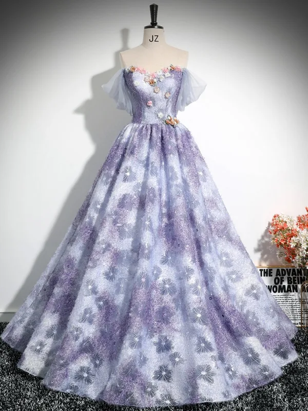 Elegant Lavender Rhinestone Lace Flower Appliques Prom Dresses 2024 Ball Gown Off-The-Shoulder Short Sleeve Backless Floor-Length / Long Prom Formal Dresses