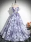 Elegant Lavender Rhinestone Lace Flower Appliques Prom Dresses 2024 Ball Gown Off-The-Shoulder Short Sleeve Backless Floor-Length / Long Prom Formal Dresses