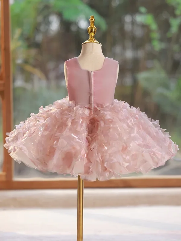 Lovely Blushing Pink Pearl Appliques Short Birthday Flower Girl Dresses 2024 Ball Gown Scoop Neck Sleeveless Backless