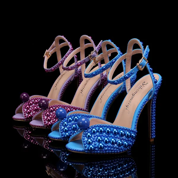 Sparkly Purple Pearl Evening Party Womens Sandals 2023 Ankle Strap 12 cm Stiletto Heels Open / Peep Toe Sandals High Heels