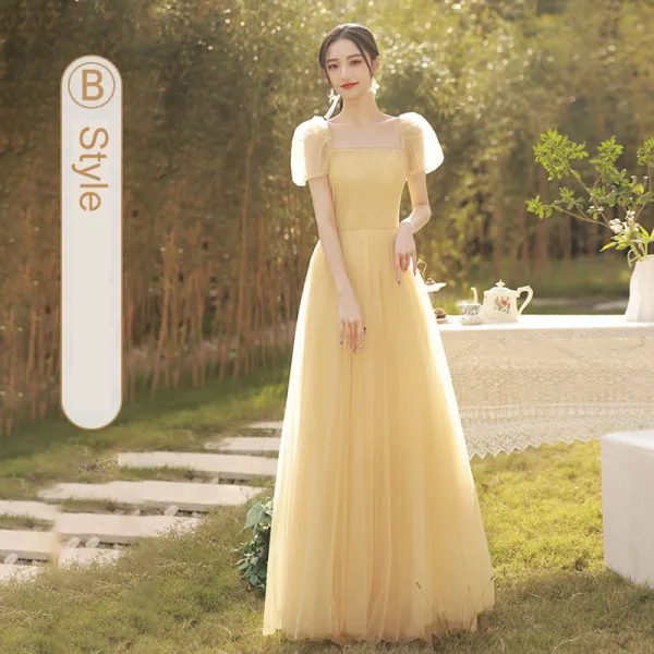 Modest / Simple Daffodil Bridesmaid Dresses 2022 A-Line / Princess Short Sleeve Backless Floor-Length / Long Bridesmaid