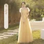 Modest / Simple Daffodil Bridesmaid Dresses 2022 A-Line / Princess Short Sleeve Backless Floor-Length / Long Bridesmaid