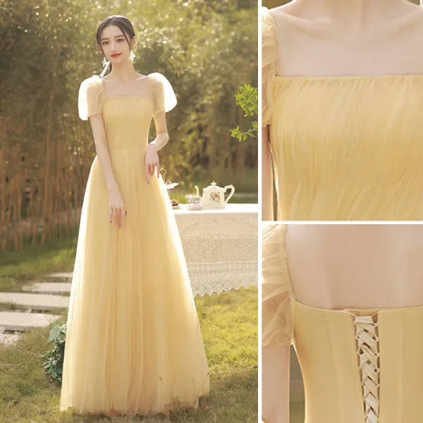 Modest / Simple Daffodil Bridesmaid Dresses 2022 A-Line / Princess Short Sleeve Backless Floor-Length / Long Bridesmaid