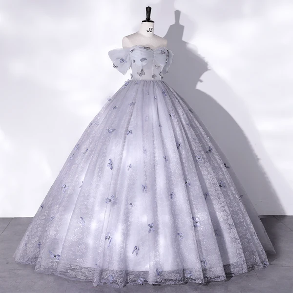Chic / Beautiful Grey Butterfly Prom Dresses 2022 Ball Gown Off-The-Shoulder Short Sleeve Backless Floor-Length / Long Prom Formal Dresses