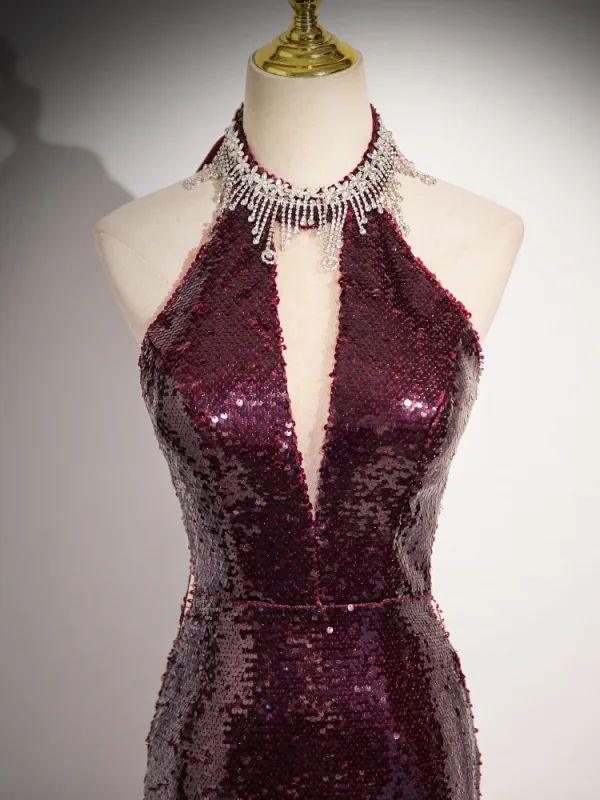 Scintillantes Sexy Bordeaux Faux Diamant Paillettes Robe De Bal Robe De Soirée 2024 Trompette / Sirène Titulaire Sans Manches Dos Nu Longue Promo Robe De Ceremonie