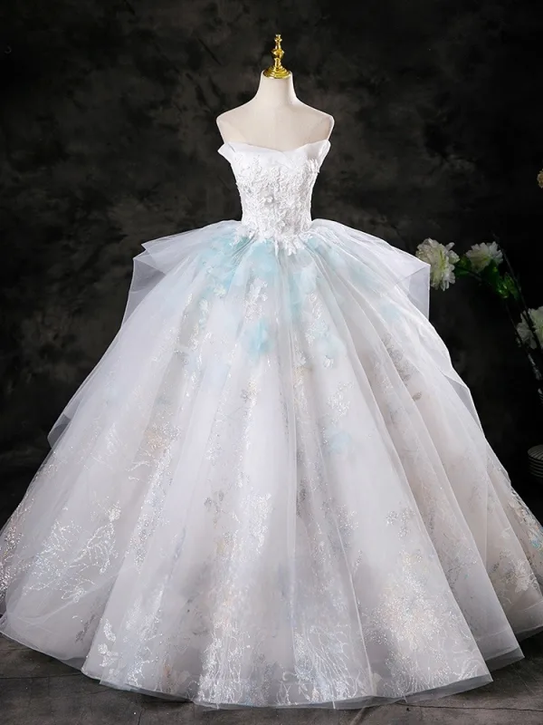 Charmant Blanche Perlage Perle En Dentelle Fleur Appliques Robe De Bal 2025 Robe Boule Bustier Sans Manches Dos Nu Longue Robe De Ceremonie