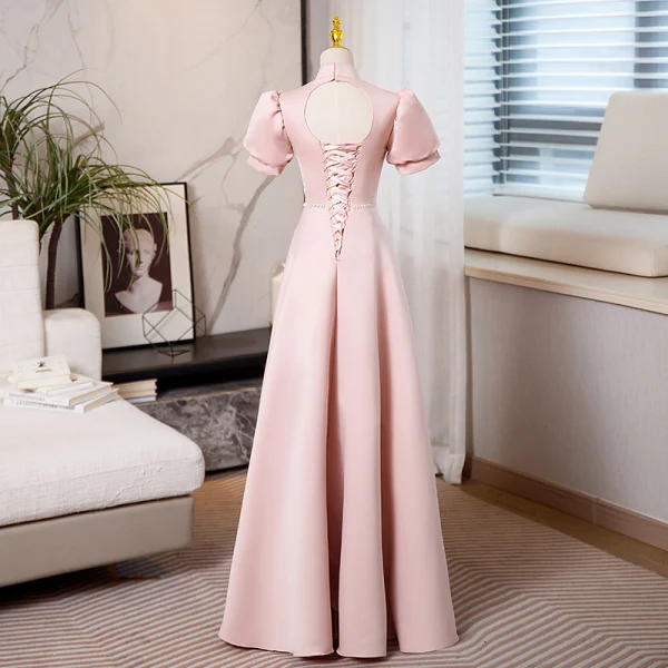 Elegant Blushing Pink Pearl Rhinestone Evening Dresses 2023 A-Line / Princess High Neck Puffy Short Sleeve Backless Floor-Length / Long Evening Party Formal Dresses