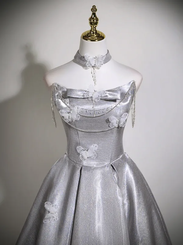 Schöne Silber Grau Perlenstickerei Pailletten Schmetterling Ballkleider 2025 Ballkleid Off Shoulder Ärmellos Rückenfreies Schleife Lange Festliche Kleider