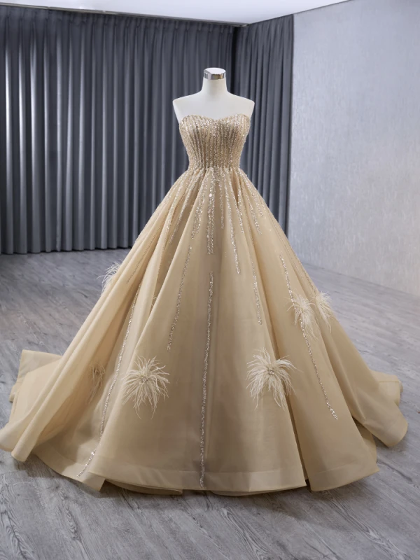 Luxury / Gorgeous Champagne Handmade  Beading Sequins Tassel Prom Dresses 2024 Ball Gown Strapless Short Sleeve Backless Court Train Prom Formal Dresses