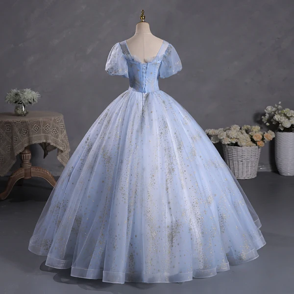 Elegant Champagne Beading Sequins Prom Dresses 2023 Ball Gown Square Neckline Puffy Short Sleeve Backless Floor-Length / Long Prom Formal Dresses