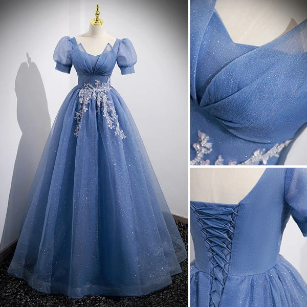 Elegant Ocean Blue Appliques Sequins Prom Dresses 2022 A-Line / Princess V-Neck Short Sleeve Backless Floor-Length / Long Prom Formal Dresses