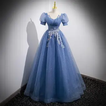 Elegant Ocean Blue Appliques Sequins Prom Dresses 2022 A Line Princess V Neck Short Sleeve Backless Floor Length Long Prom Formal Dresses