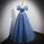 Elegant Ocean Blue Appliques Sequins Prom Dresses 2022 A-Line / Princess V-Neck Short Sleeve Backless Floor-Length / Long Prom Formal Dresses