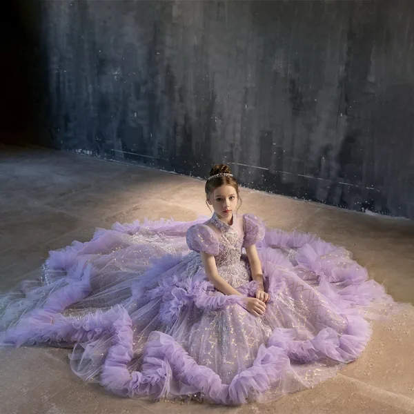 Elegant Lavender Beading Pearl Sequins Birthday Flower Girl Dresses 2025 Ball Gown High Neck Puffy Short Sleeve Backless Sweep Train
