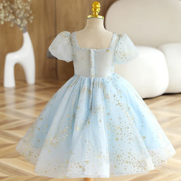 Fashion Sky Blue Star Sequins Birthday Flower Girl Dresses 2023 Ball Gown Square Neckline Short Sleeve Backless Floor-Length / Long Flower Girl Dresses